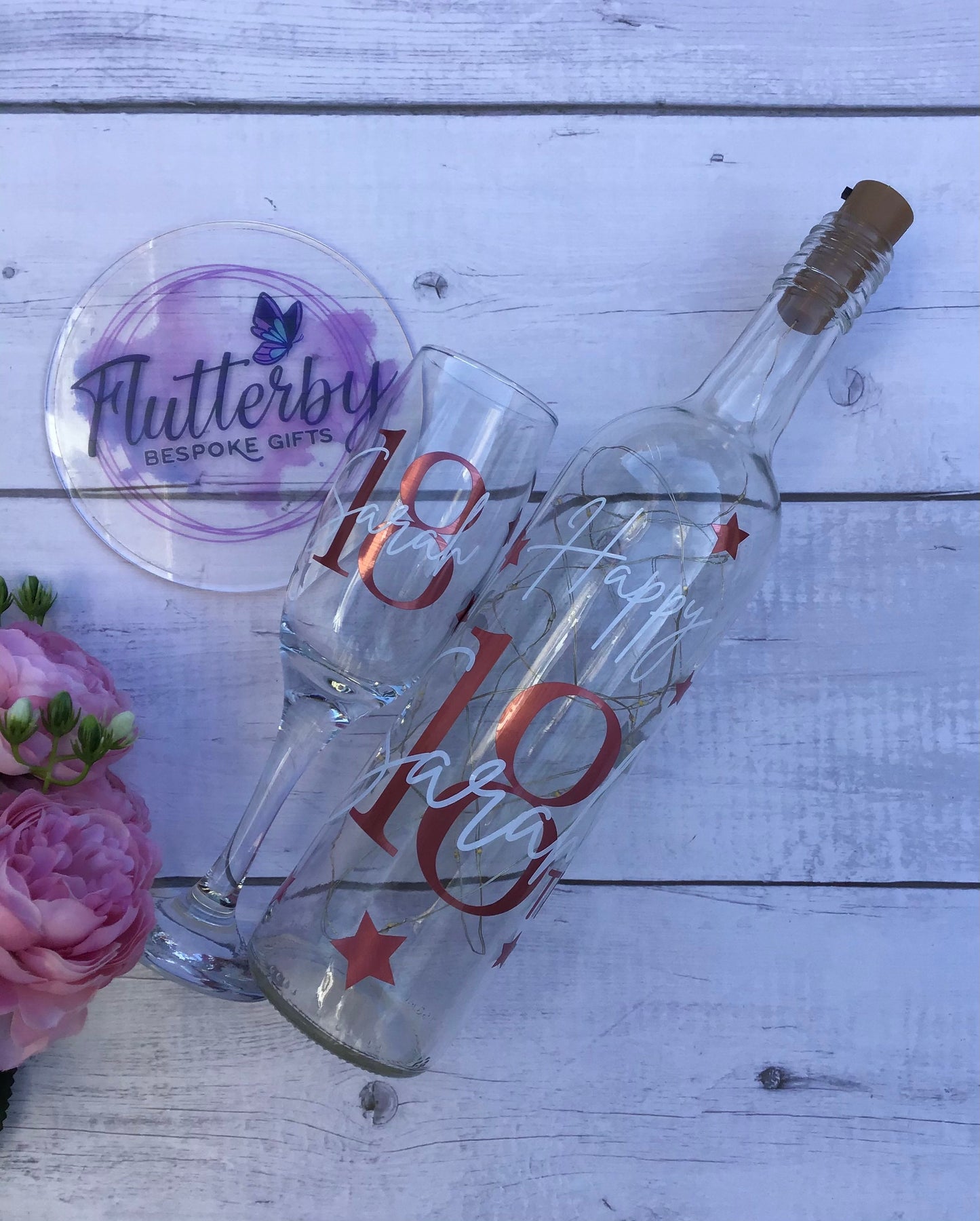 18th/ 21st Birthday Personalised Wine Glass and Light Up Bottle