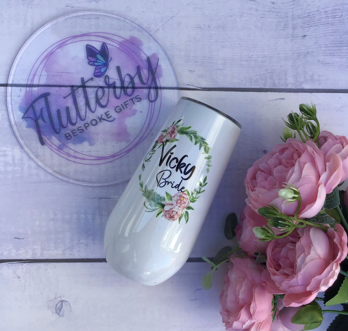 Insulated champagne tumbler, personalised bridesmaid stemless flute, wedding tumblers