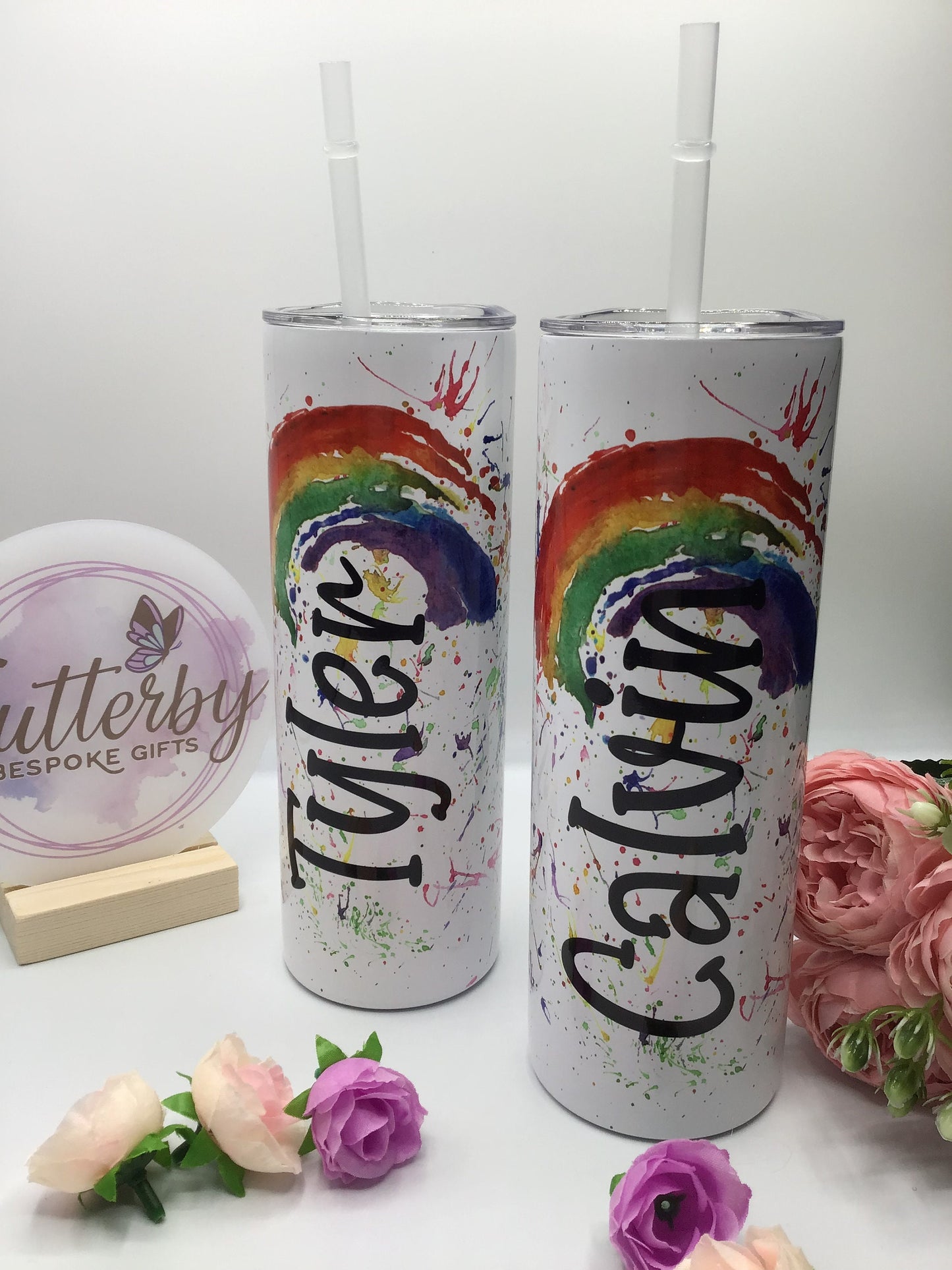 Rainbow travel mug, personalised stainless steel tumbler with straw, splatter rainbow