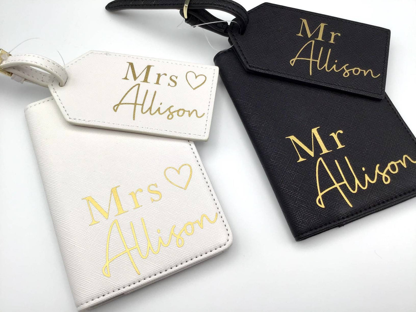Mr and Mrs Passport cover and luggage tag set in a gift box, his and hers personalised passport holder travel set