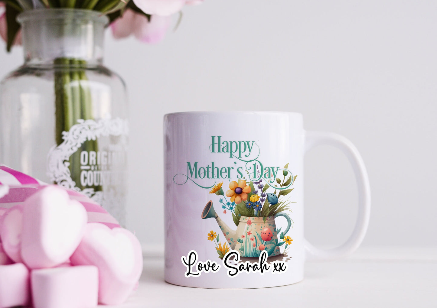 Mother's Day mug, gardening gift, personalised glass mug with watering can, gift for Mum Nan, for gardener