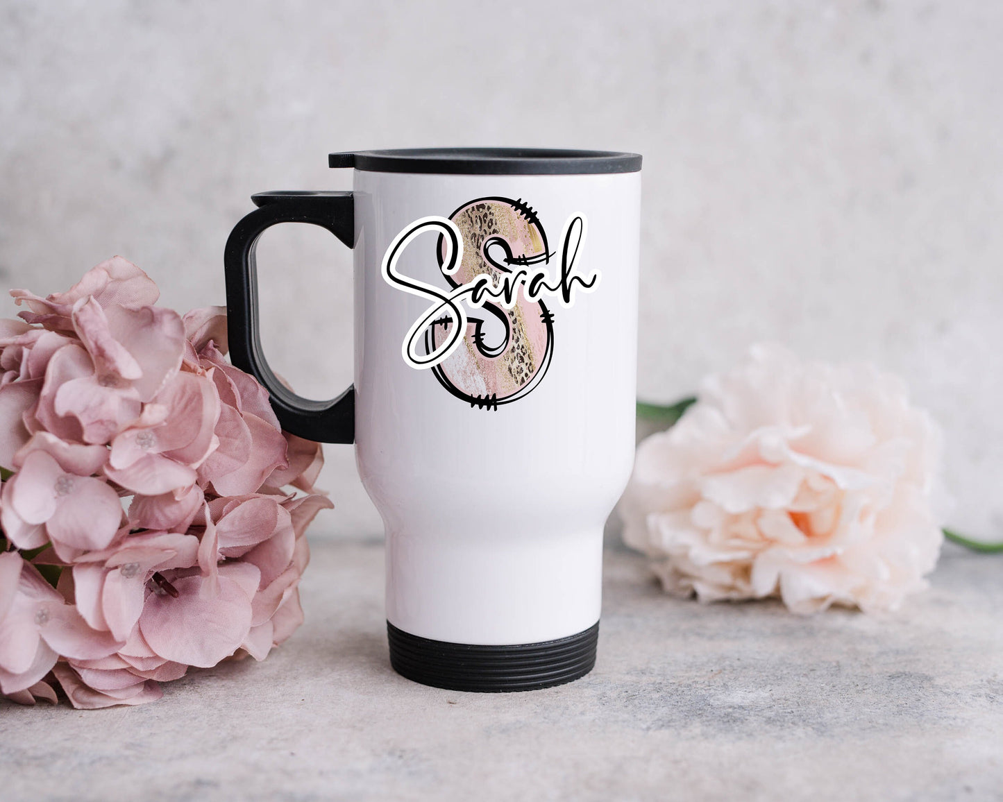 Personalised Travel Mug with Handle with Initial and Name