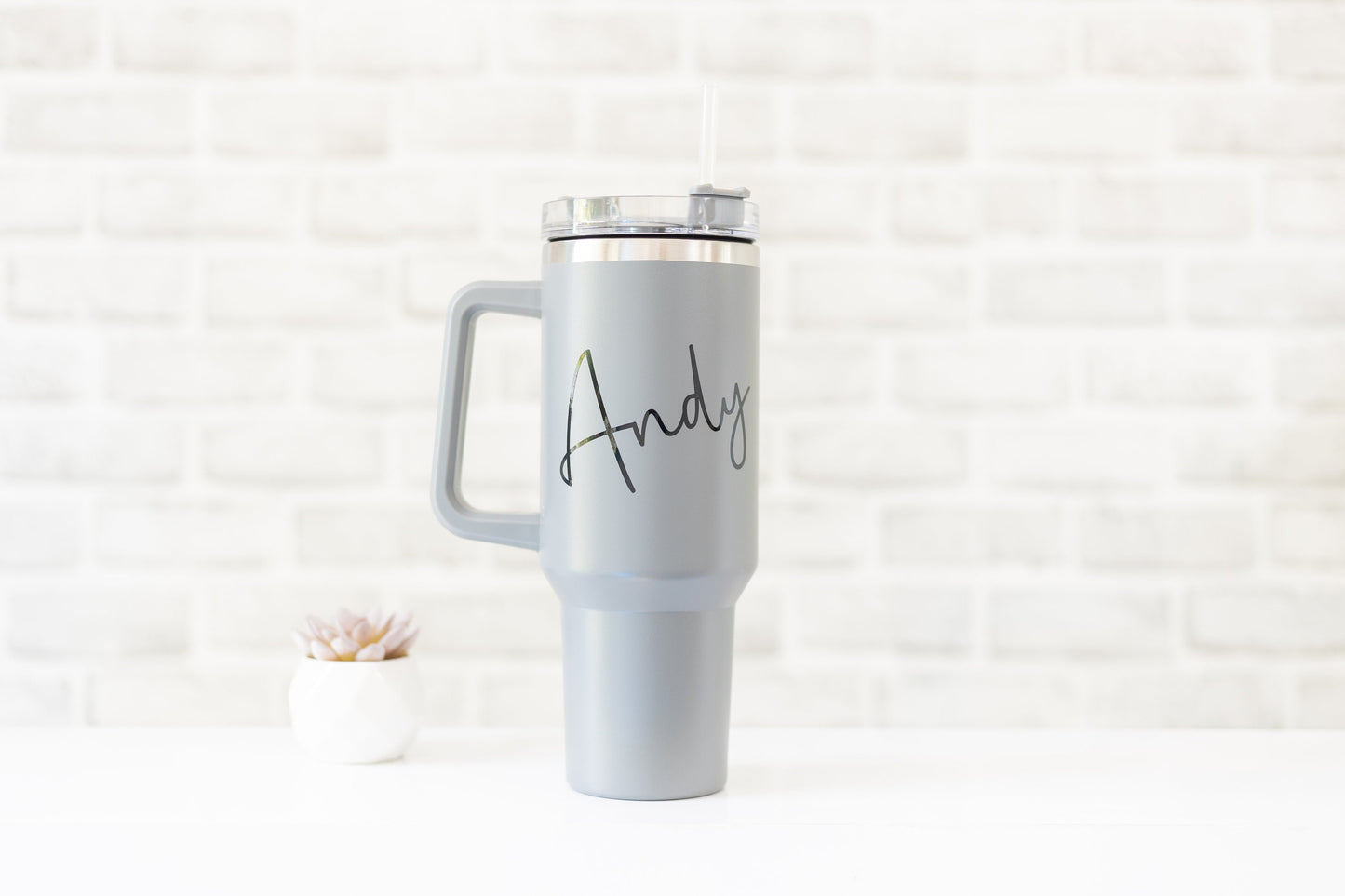 Personalised Large Travel Mug with Handle | 40oz Stanley Style Tumbler with Lid and Straw