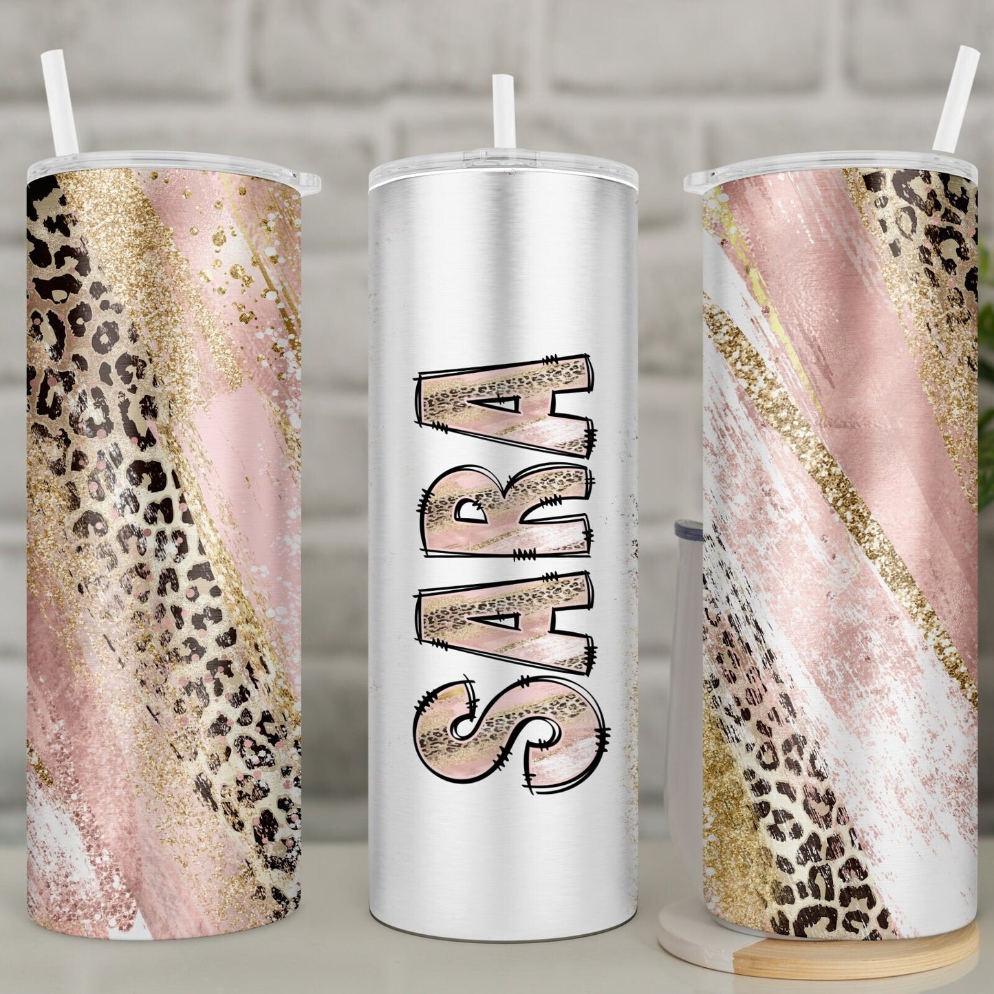 Personalised Leopard Print Travel Mug | Pink and Gold Cheetah Print Insulated Tumbler