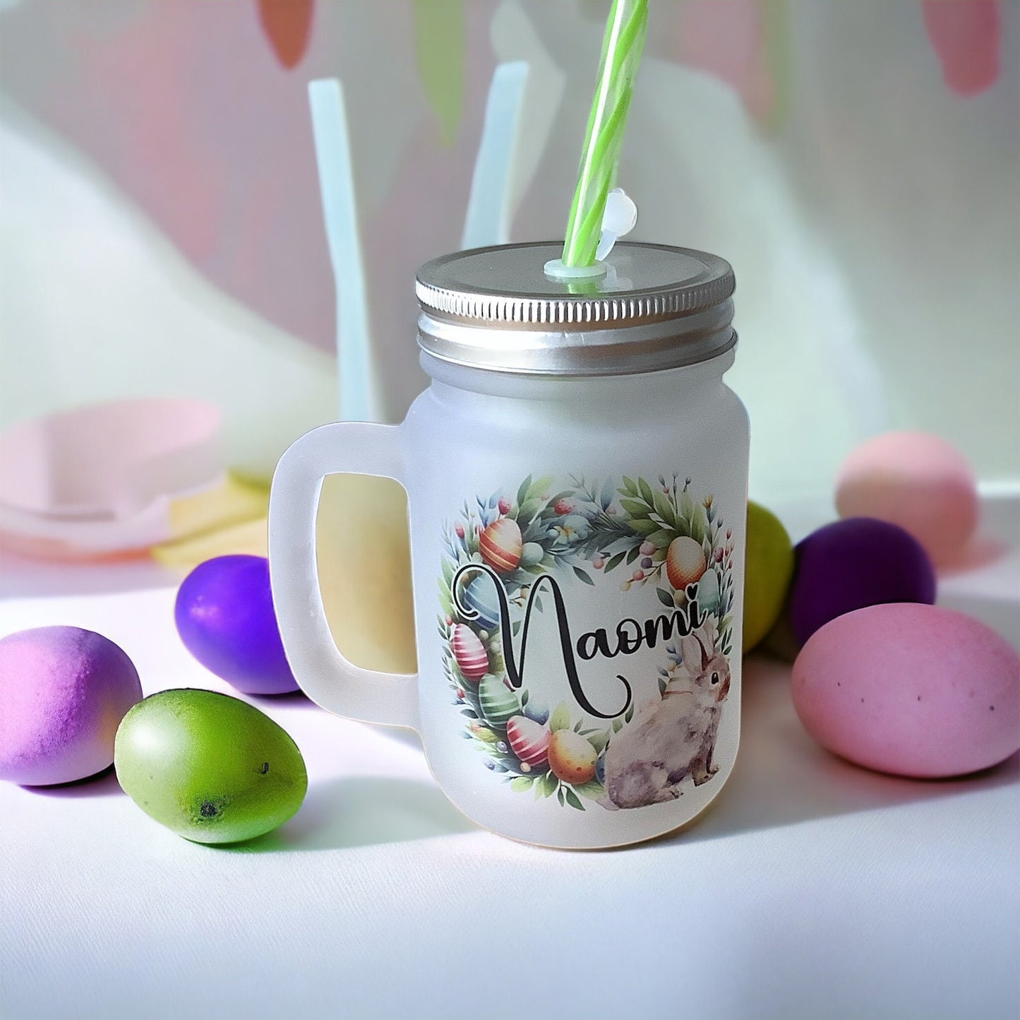Personalised Easter Mason Jar Glass with Straw