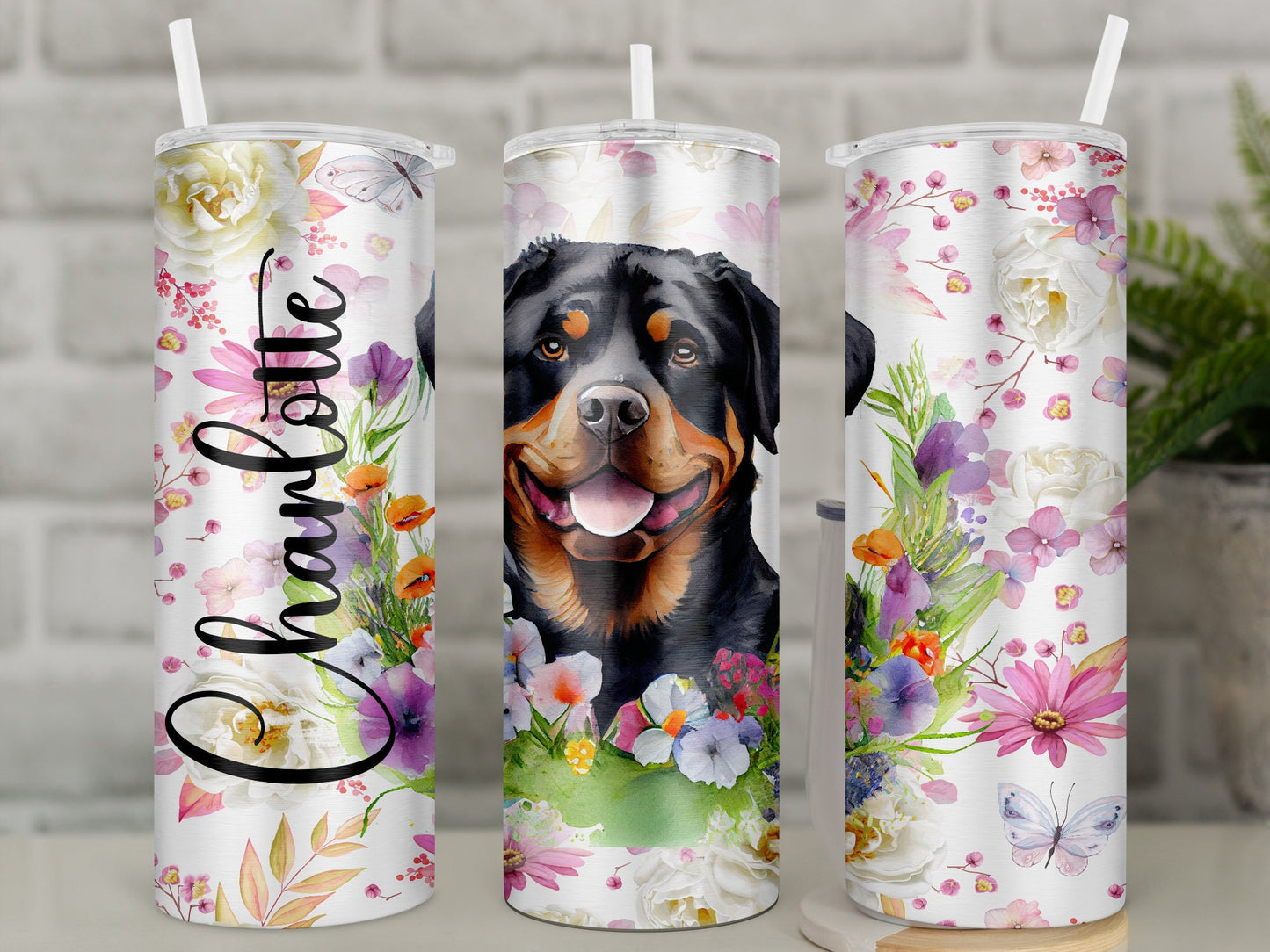 Personalised Rottweiler Travel Mug l Insulated Rotty Tumbler with Straw