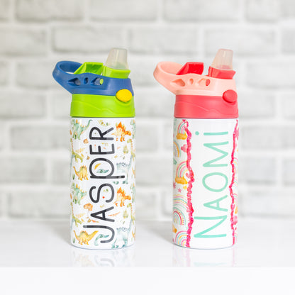 Kids Personalised Drink Bottle with Flip Straw – Dinosaur or Rainbow Design, Custom Water Bottle for School & Sports