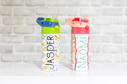 Kids Personalised Drink Bottle with Flip Straw – Dinosaur or Rainbow Design, Custom Water Bottle for School & Sports