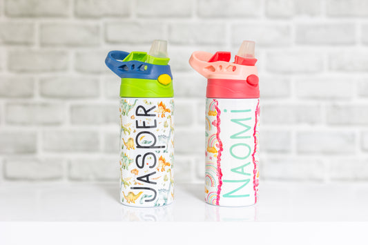 Kids Personalised Drink Bottle with Flip Straw – Dinosaur or Rainbow Design, Custom Water Bottle for School & Sports