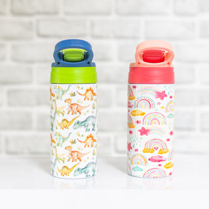 Kids Personalised Drink Bottle with Flip Straw – Dinosaur or Rainbow Design, Custom Water Bottle for School & Sports