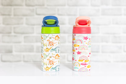 Kids Personalised Drink Bottle with Flip Straw – Dinosaur or Rainbow Design, Custom Water Bottle for School & Sports