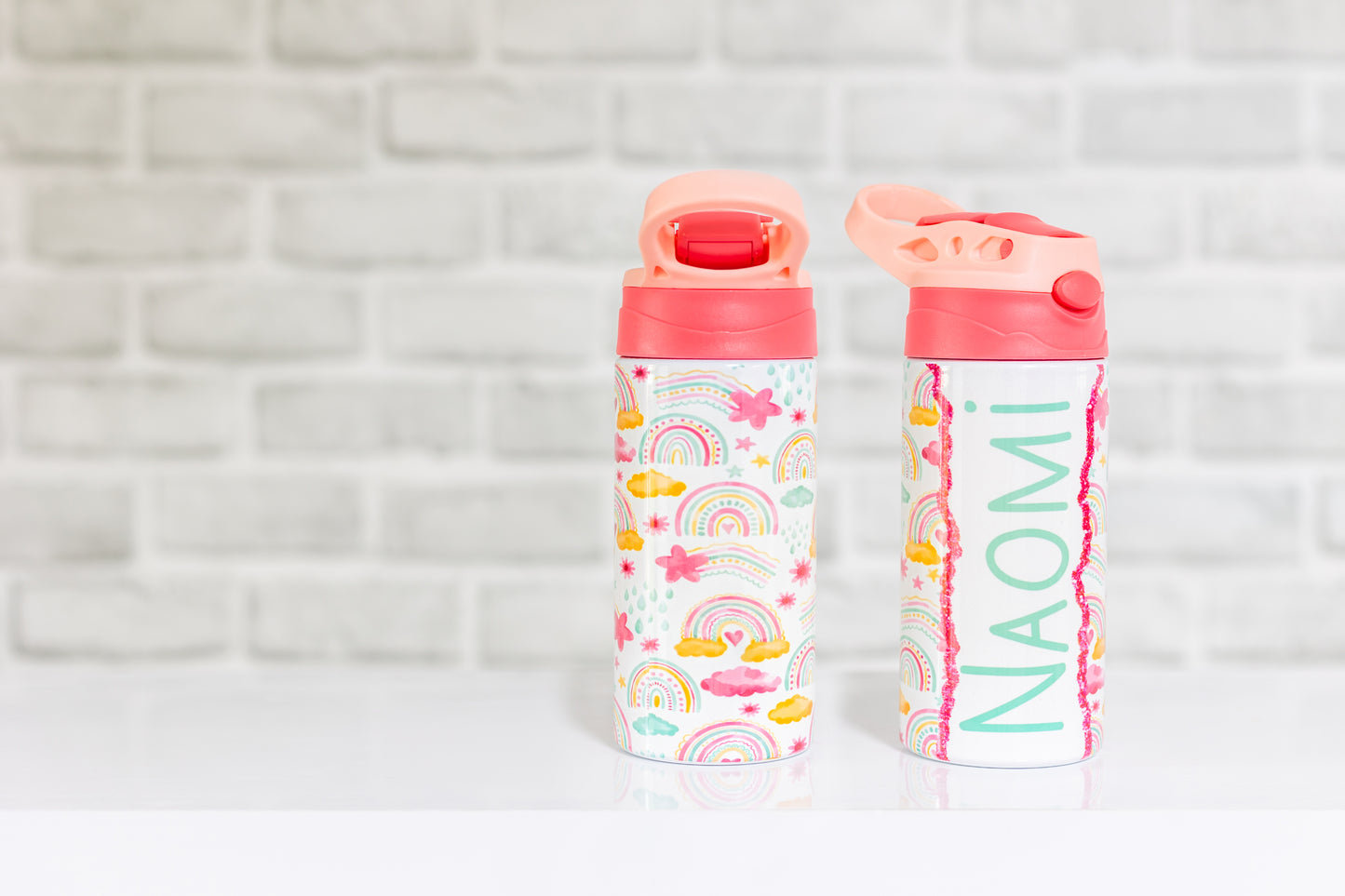 Kids Personalised Drink Bottle with Flip Straw – Dinosaur or Rainbow Design, Custom Water Bottle for School & Sports