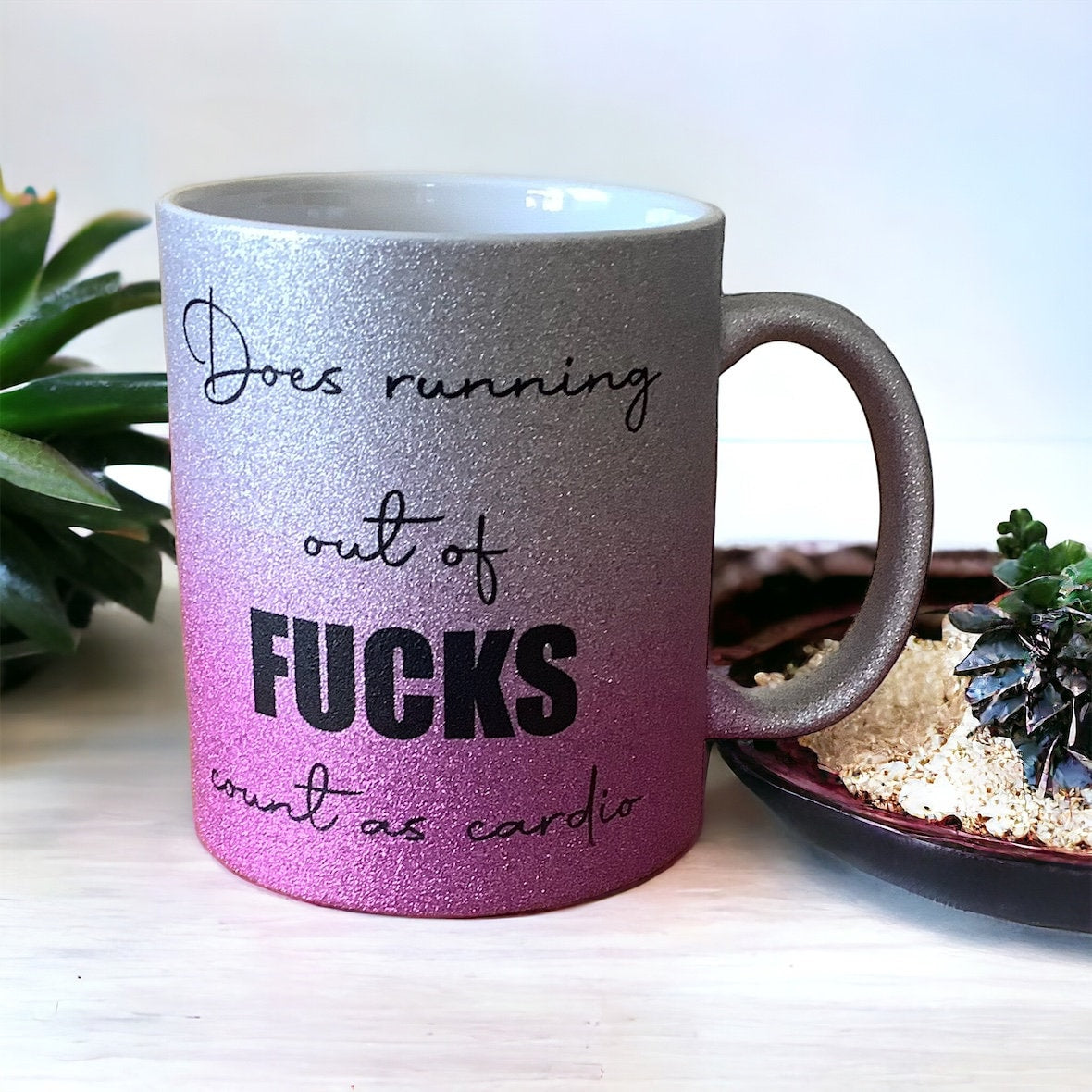 Running Out of Fucks Cardio | Funny Sweary Glitter Mug