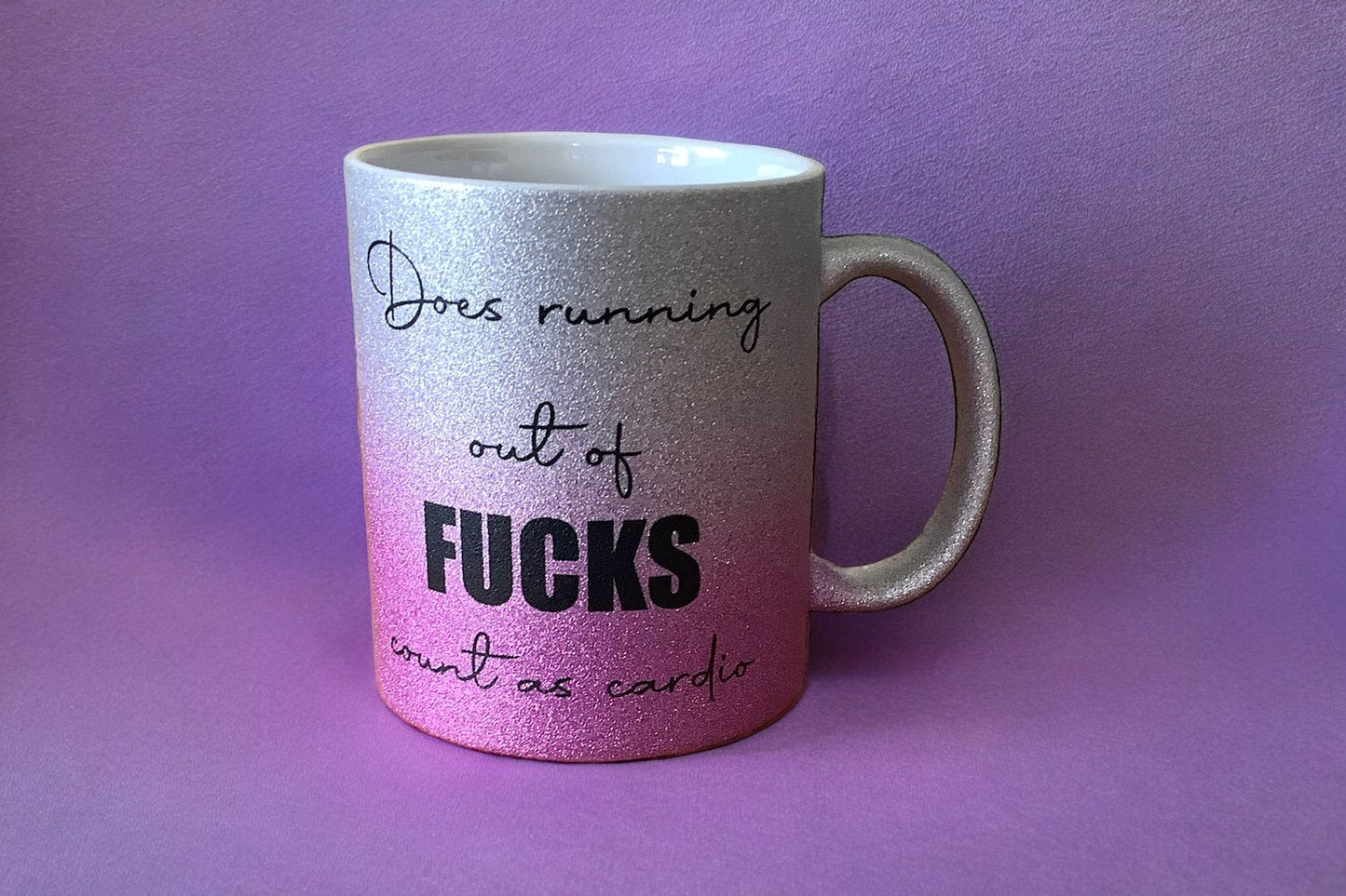 Running Out of Fucks Cardio | Funny Sweary Glitter Mug