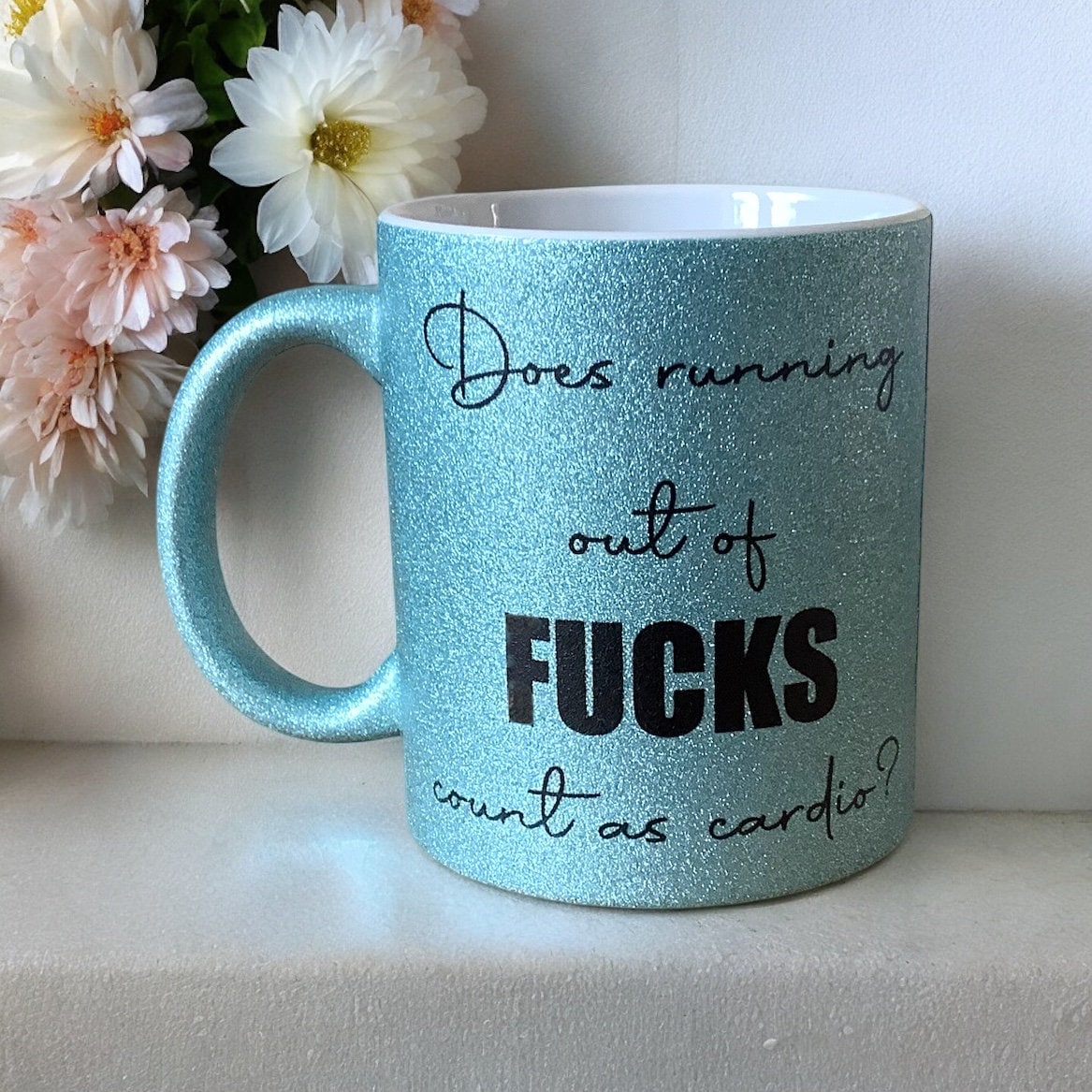 Running Out of Fucks Cardio | Funny Sweary Glitter Mug