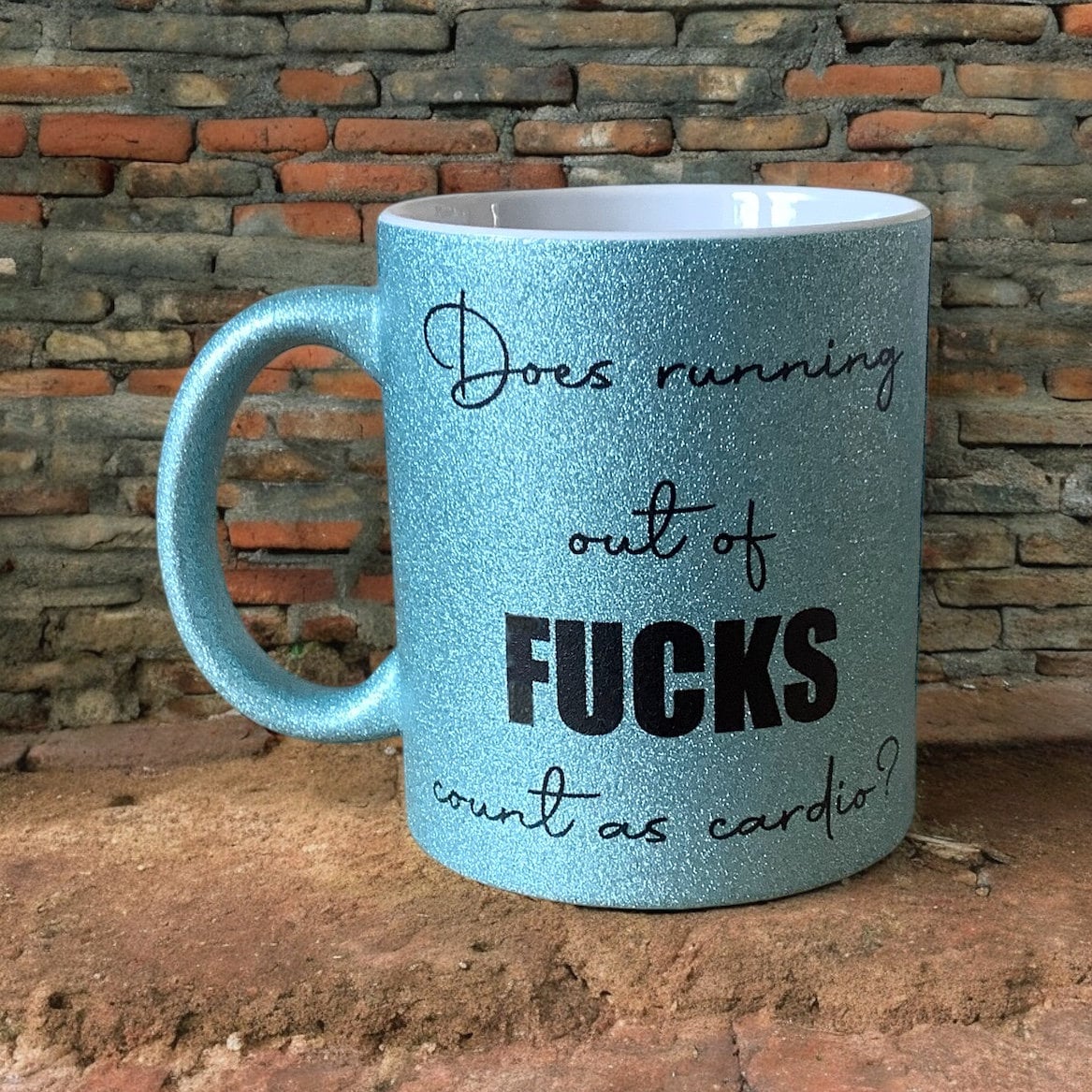 Running Out of Fucks Cardio | Funny Sweary Glitter Mug