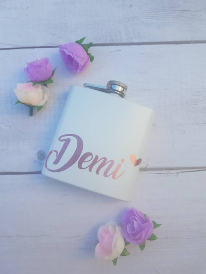 White hip flask, personalised white and rose gold gift, stainless steel