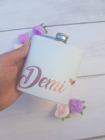 White hip flask, personalised white and rose gold gift, stainless steel