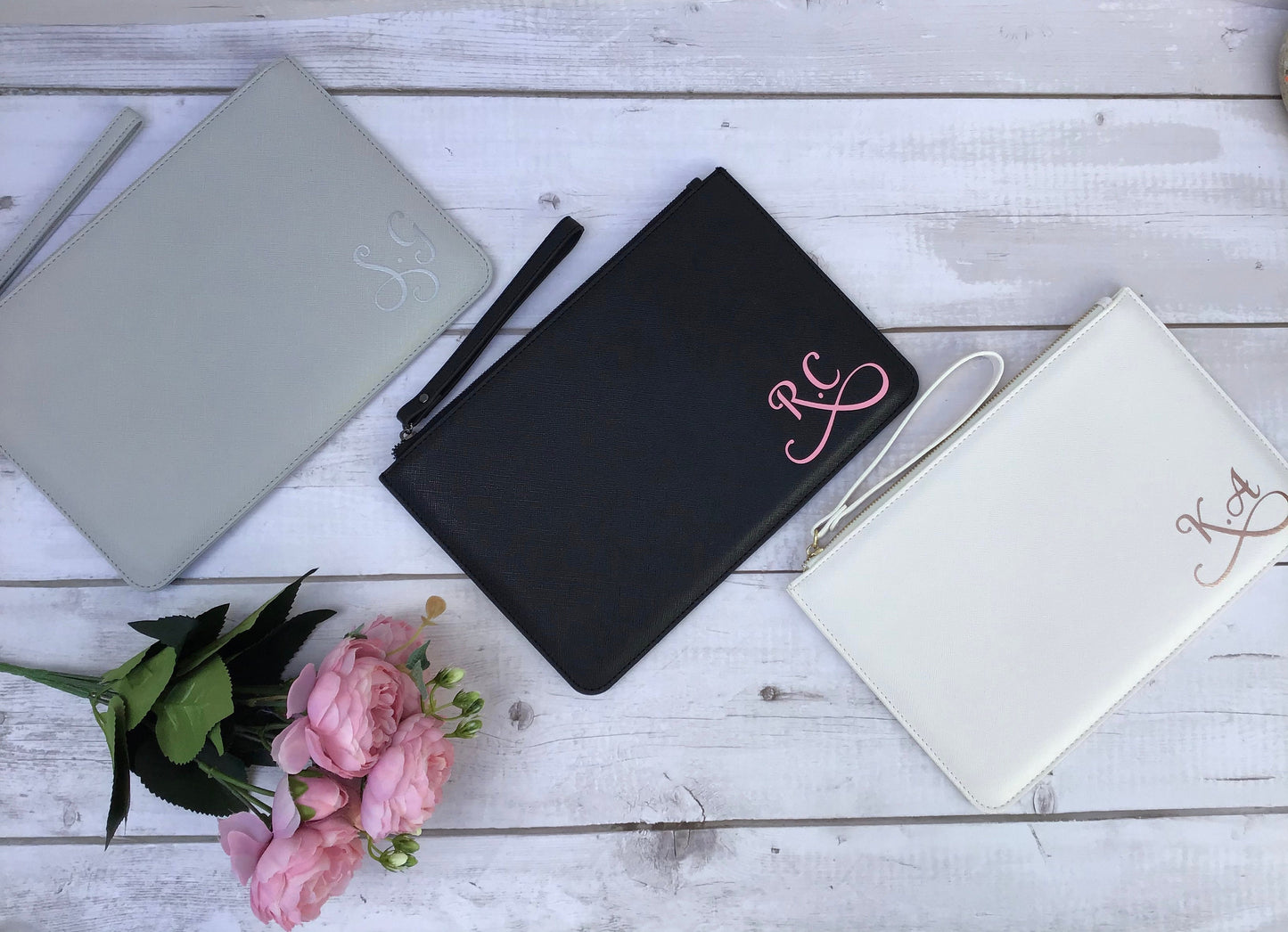 Personalised Bridesmaid Clutch Bag with Wrist Strap and Initials