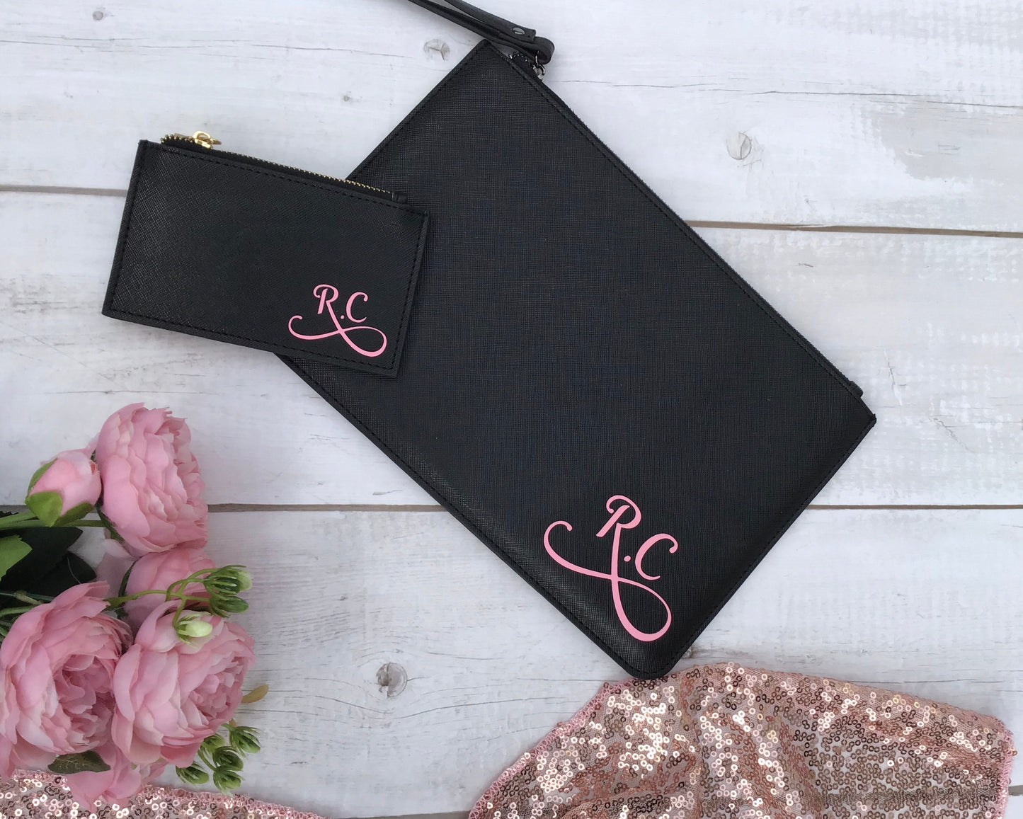 Personalised Bridesmaid Clutch Bag with Wrist Strap and Initials