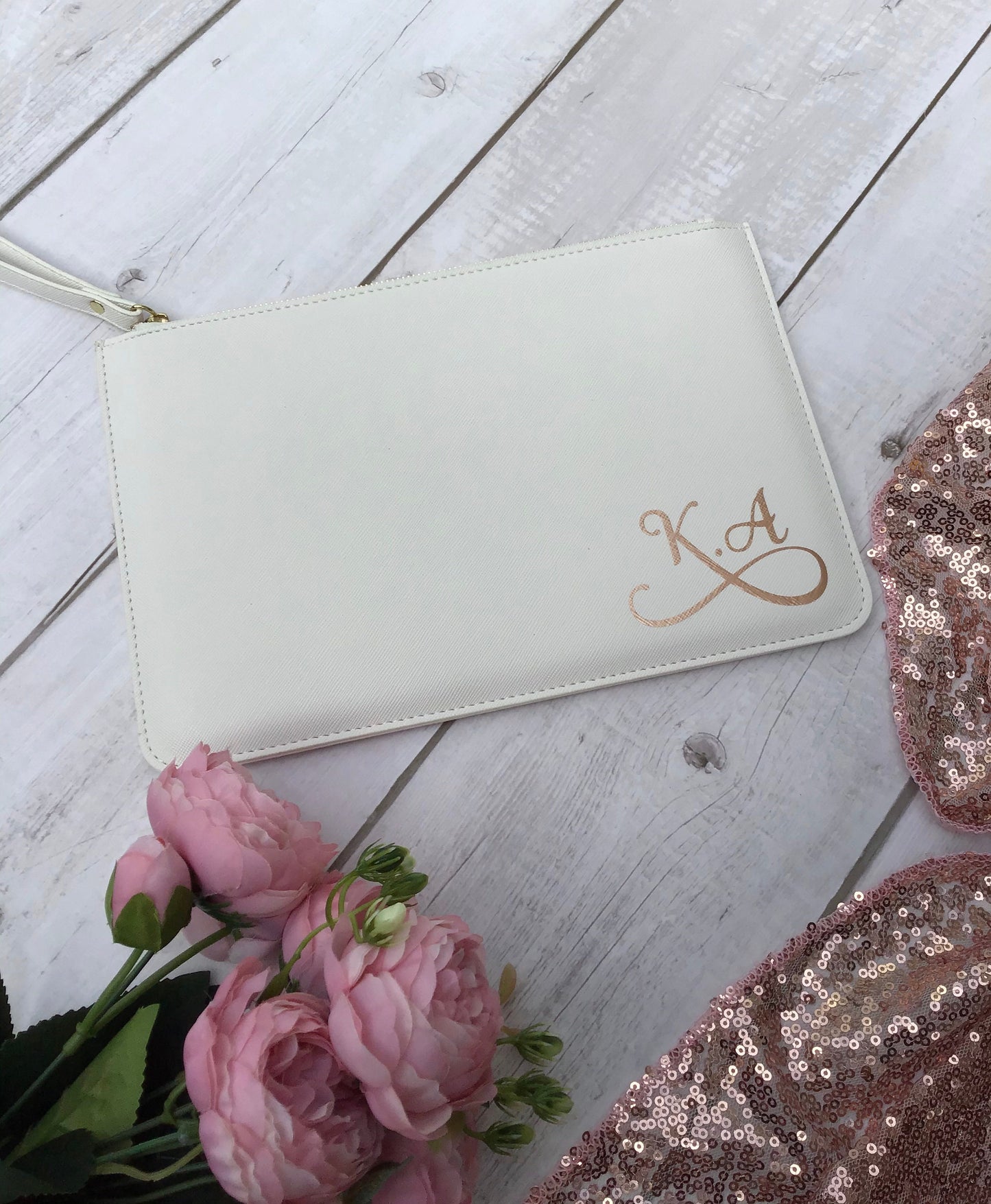 Personalised Bridesmaid Clutch Bag with Wrist Strap and Initials