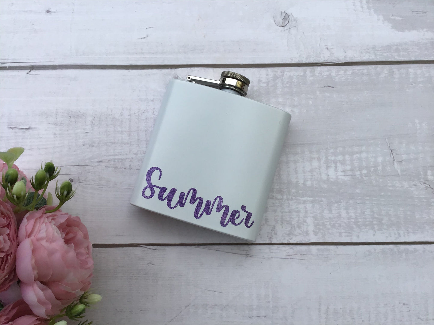 White hip flask, personalised white and rose gold gift, stainless steel