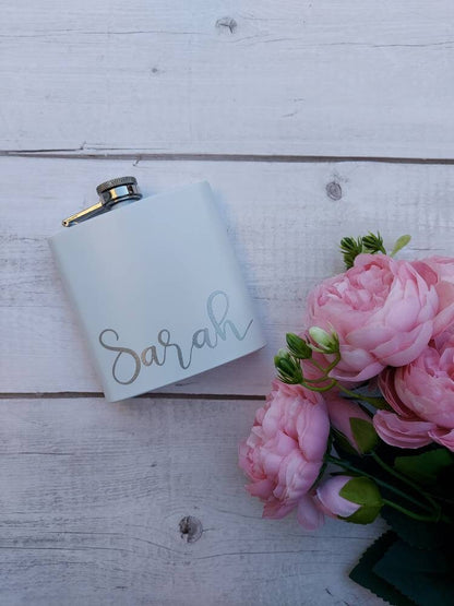 White hip flask, personalised white and rose gold gift, stainless steel