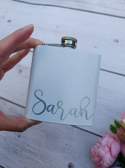 White hip flask, personalised white and rose gold gift, stainless steel