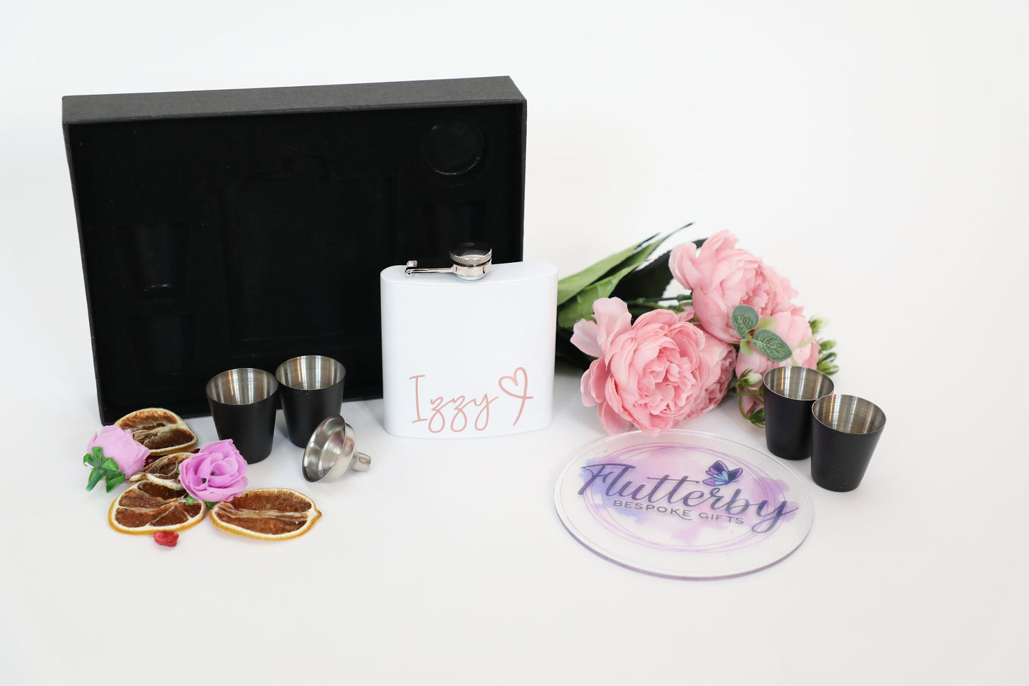 White hip flask, personalised white and rose gold gift, stainless steel