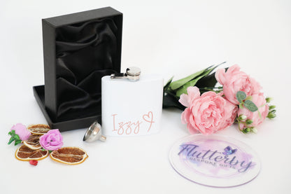 White hip flask, personalised white and rose gold gift, stainless steel
