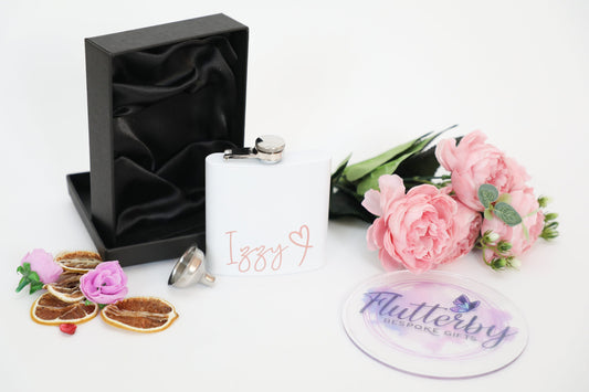 White hip flask, personalised white and rose gold gift, stainless steel