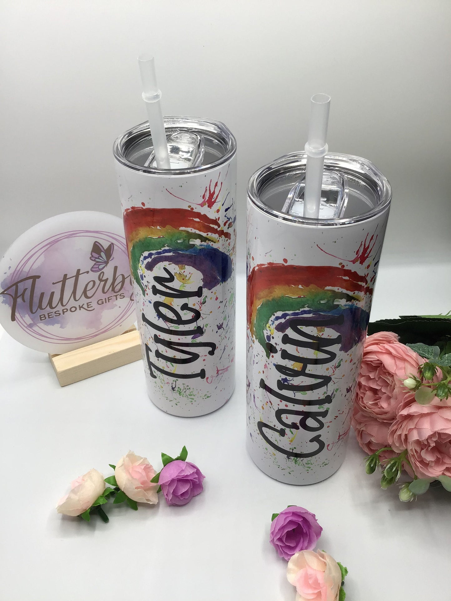 Rainbow travel mug, personalised stainless steel tumbler with straw, splatter rainbow