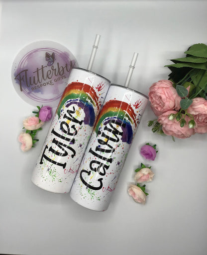 Rainbow travel mug, personalised stainless steel tumbler with straw, splatter rainbow