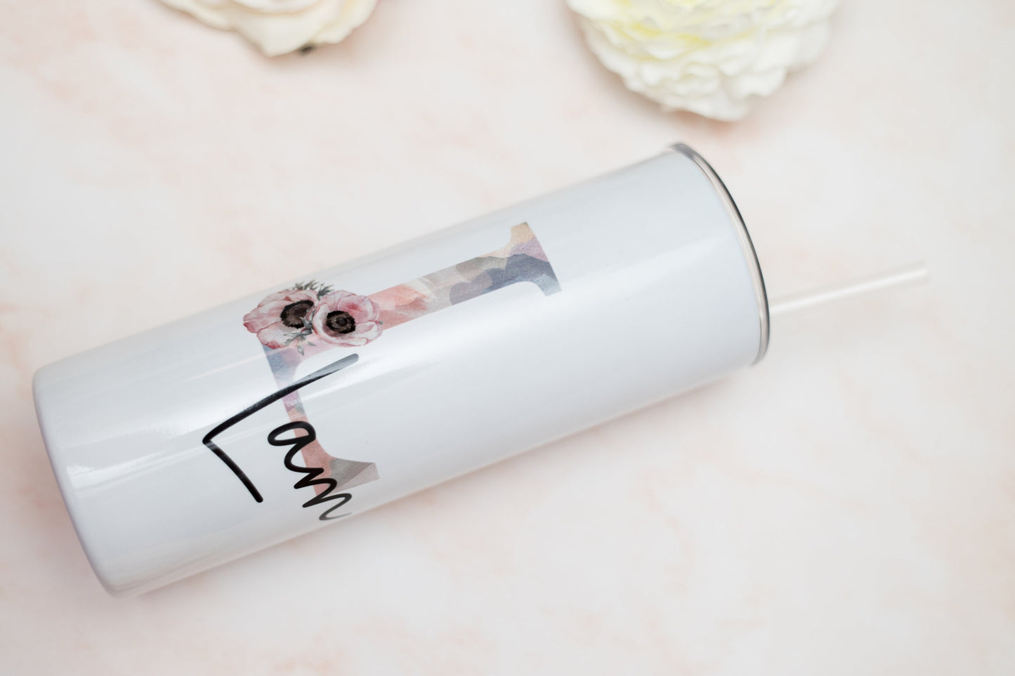 Personalised stainless steel tumbler with straw, initial and name insulated travel mug, tall, skinny tumbler
