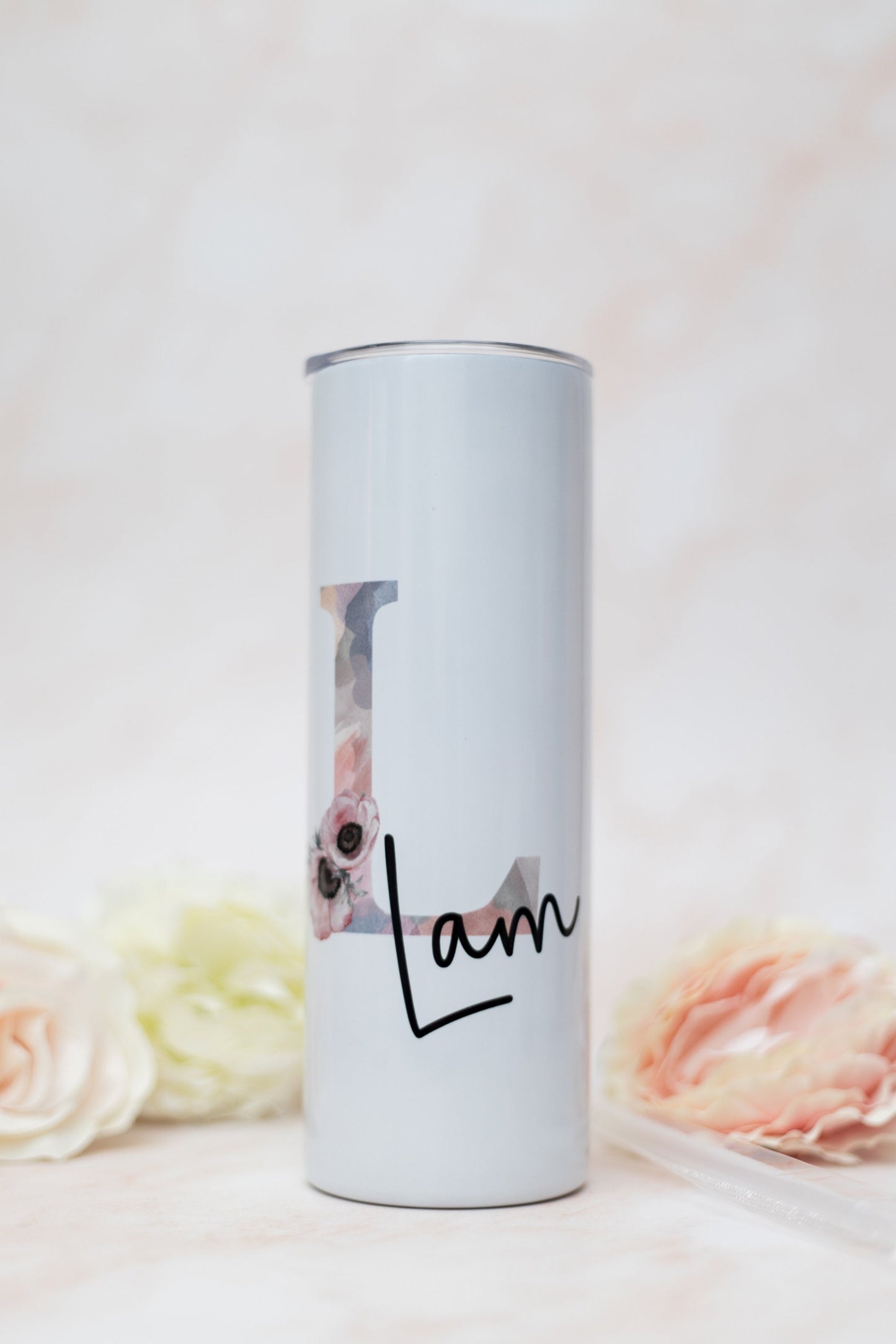 Personalised stainless steel tumbler with straw, initial and name insulated travel mug, tall, skinny tumbler