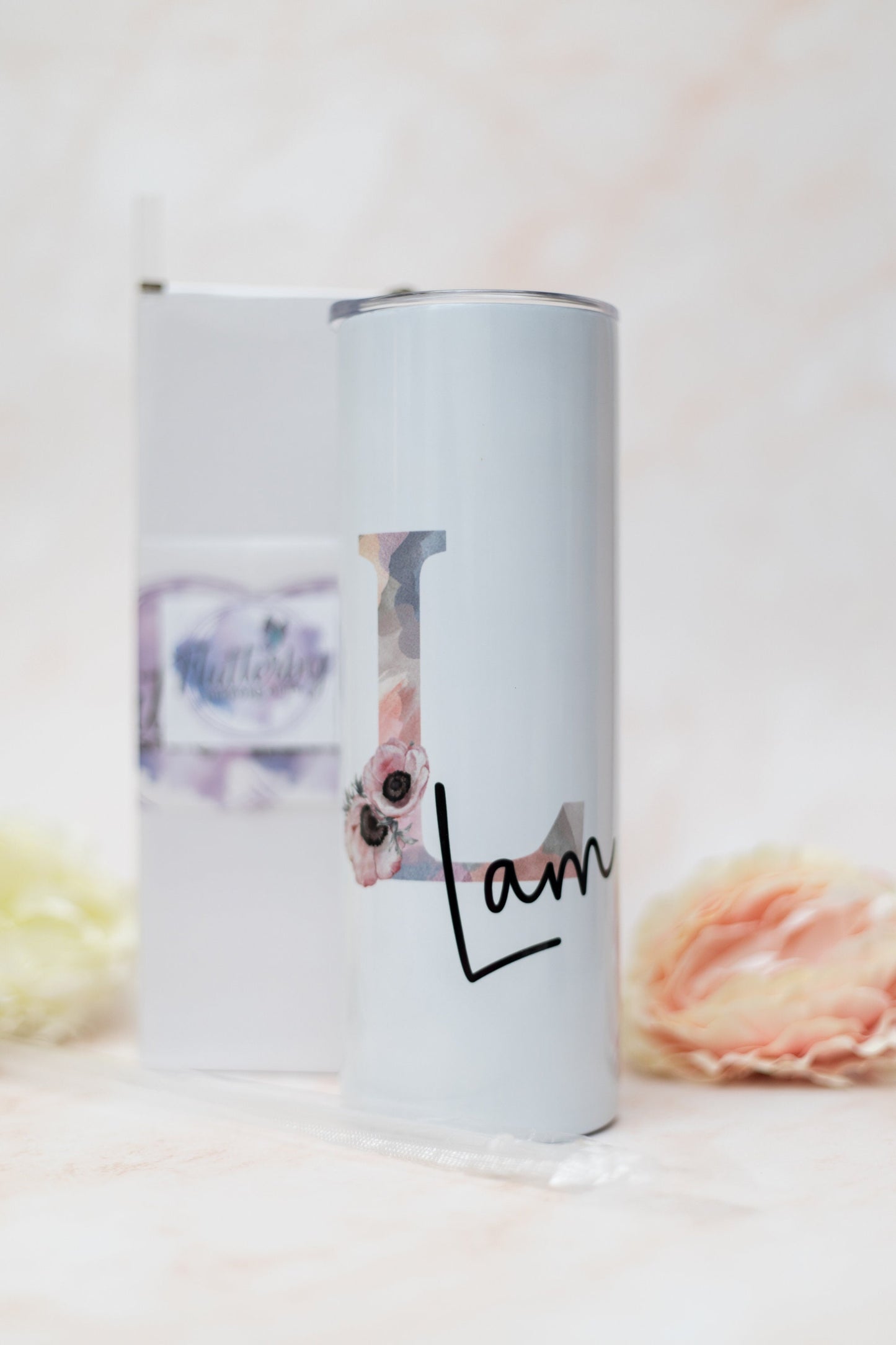 Personalised stainless steel tumbler with straw, initial and name insulated travel mug, tall, skinny tumbler
