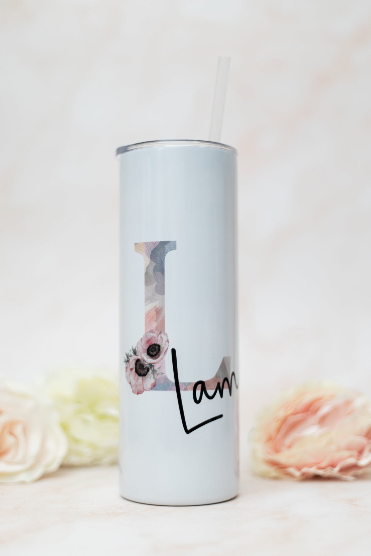 Personalised stainless steel tumbler with straw, initial and name insulated travel mug, tall, skinny tumbler