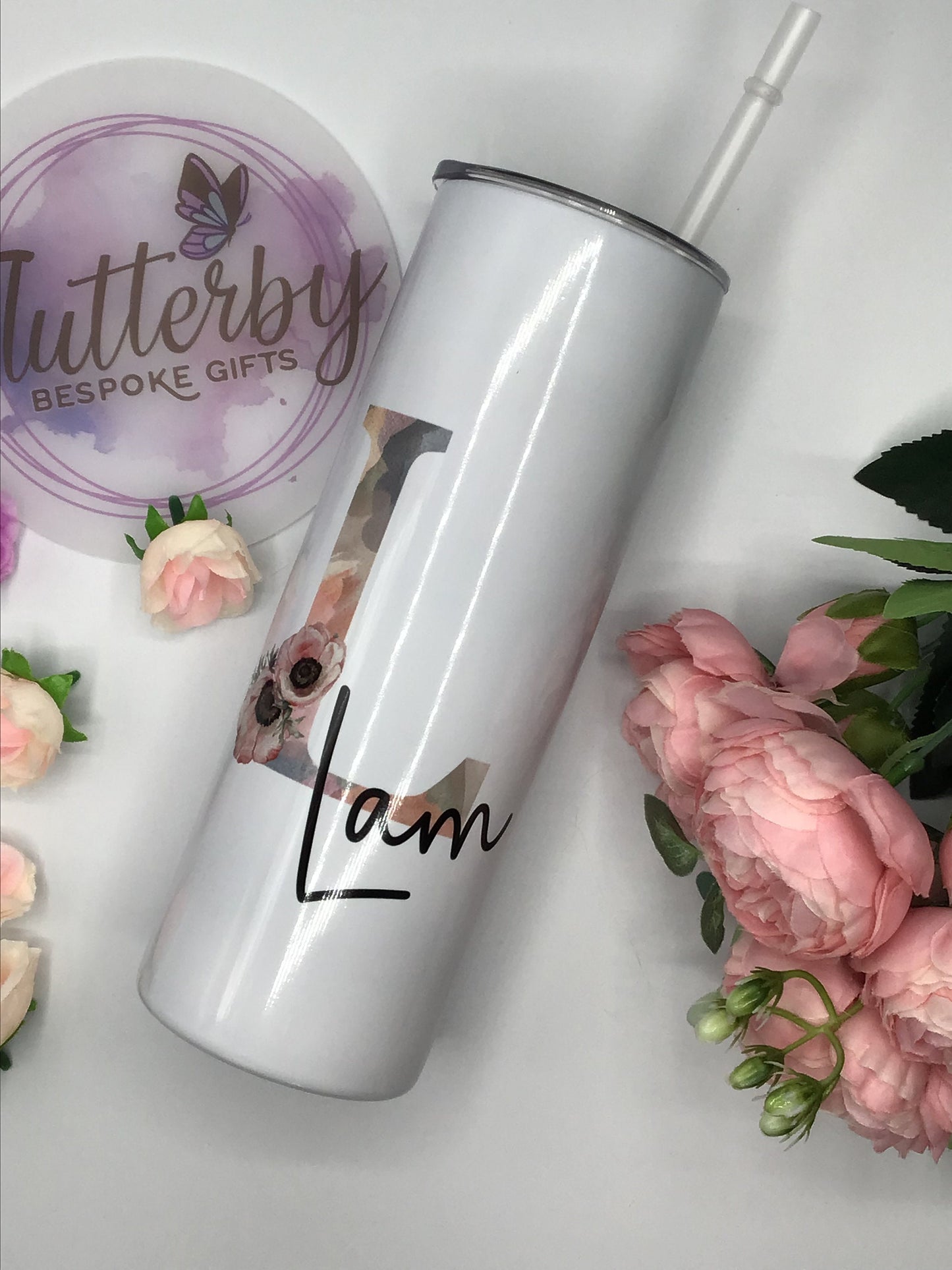 Personalised stainless steel tumbler with straw, initial and name insulated travel mug, tall, skinny tumbler