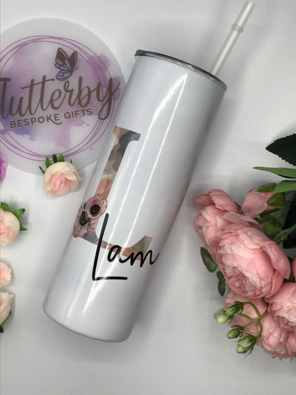 Personalised stainless steel tumbler with straw, initial and name insulated travel mug, tall, skinny tumbler