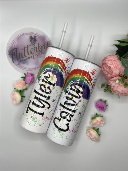 Rainbow travel mug, personalised stainless steel tumbler with straw, splatter rainbow