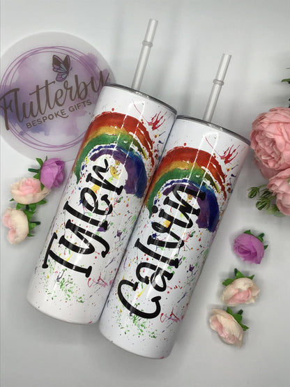 Rainbow travel mug, personalised stainless steel tumbler with straw, splatter rainbow