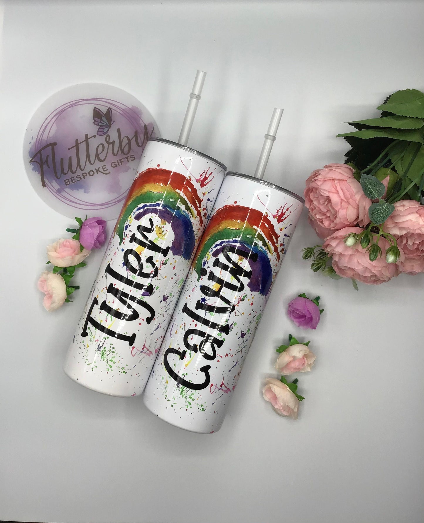 Rainbow travel mug, personalised stainless steel tumbler with straw, splatter rainbow