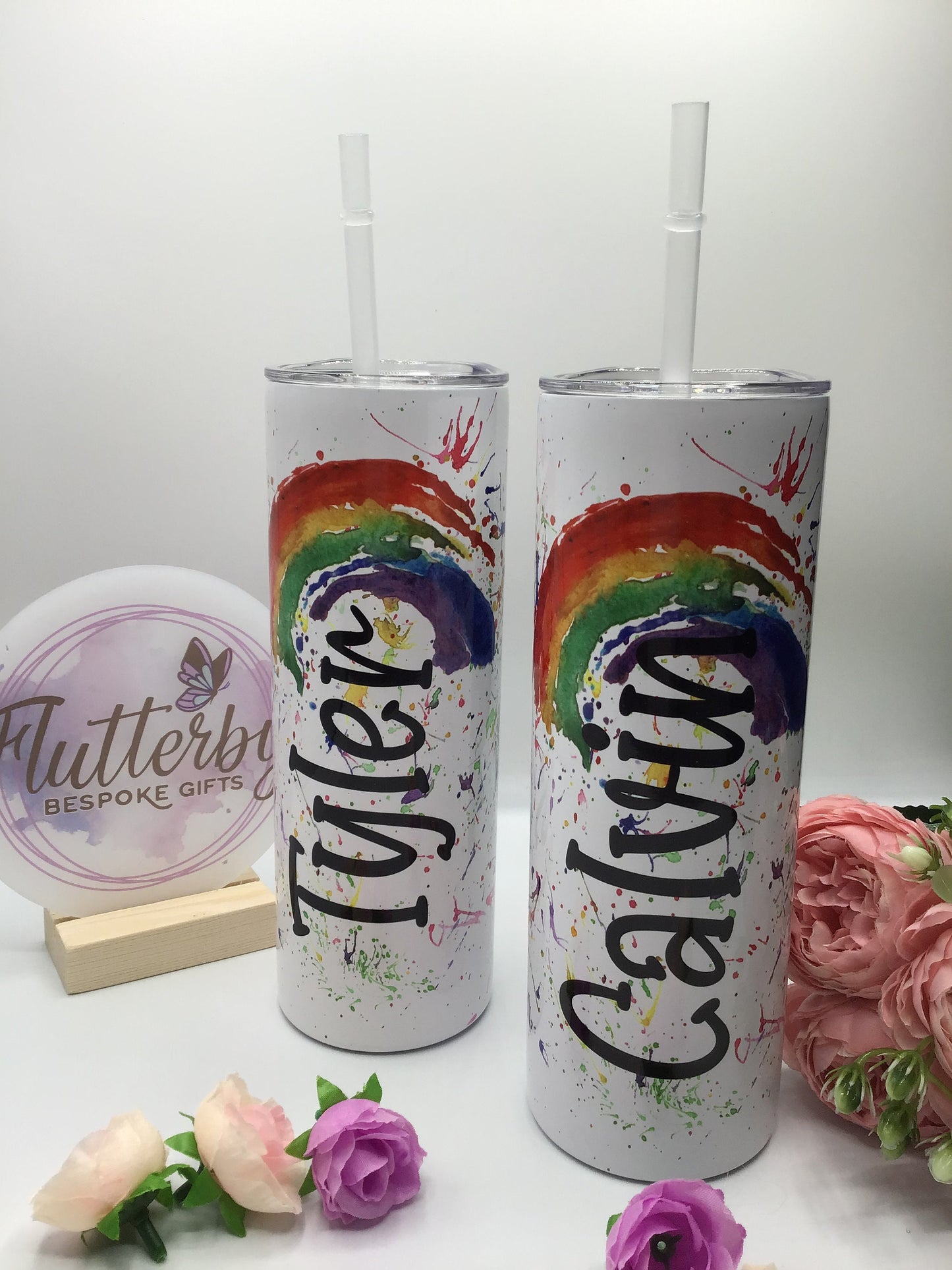 Rainbow travel mug, personalised stainless steel tumbler with straw, splatter rainbow