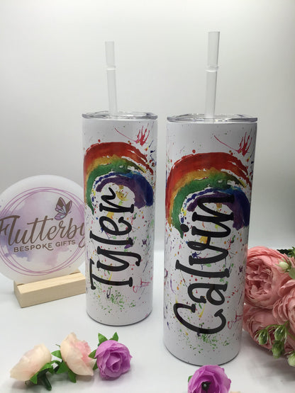 Rainbow travel mug, personalised stainless steel tumbler with straw, splatter rainbow