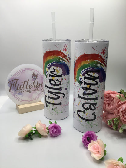 Rainbow travel mug, personalised stainless steel tumbler with straw, splatter rainbow