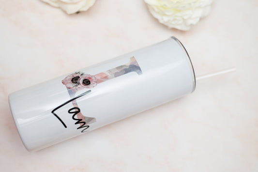Personalised stainless steel tumbler with straw, initial and name insulated travel mug, tall, skinny tumbler