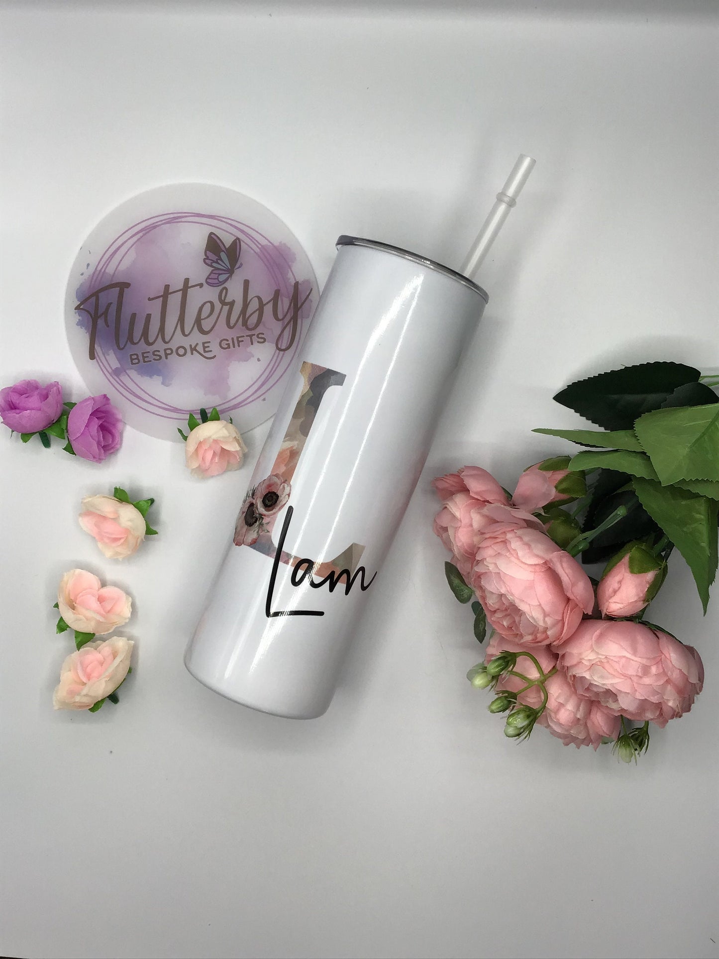 Personalised stainless steel tumbler with straw, initial and name insulated travel mug, tall, skinny tumbler
