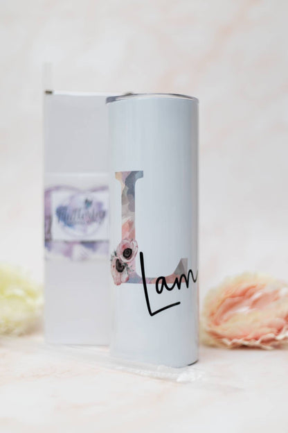 Personalised stainless steel tumbler with straw, initial and name insulated travel mug, tall, skinny tumbler