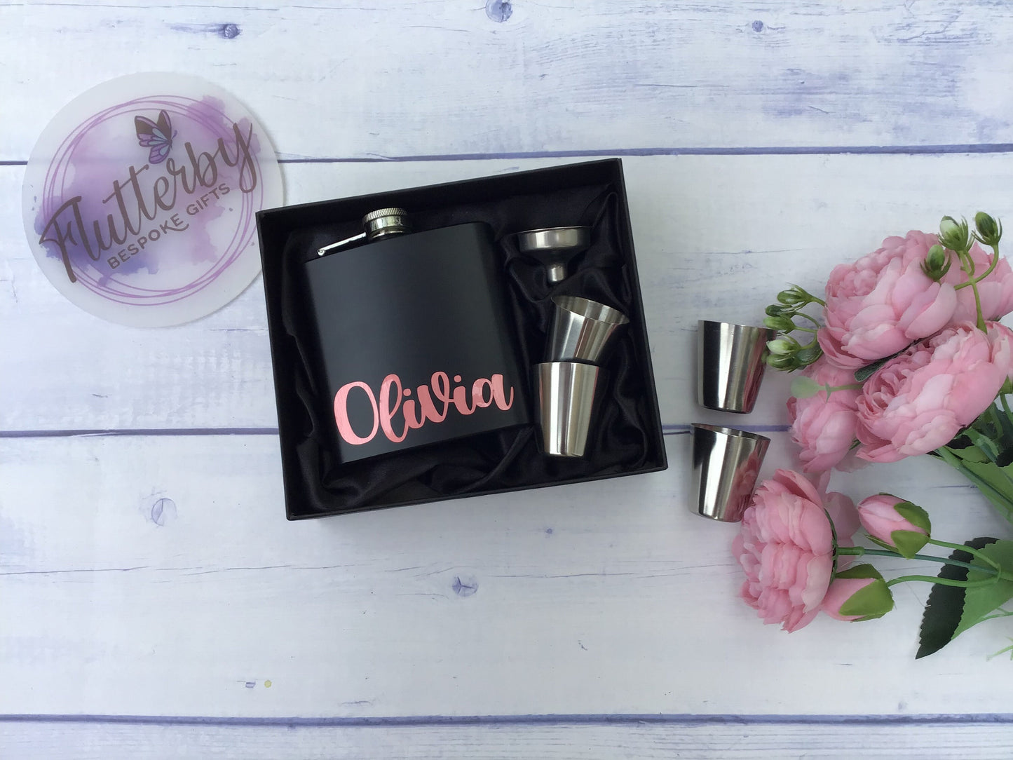 White hip flask, personalised white and rose gold gift, stainless steel