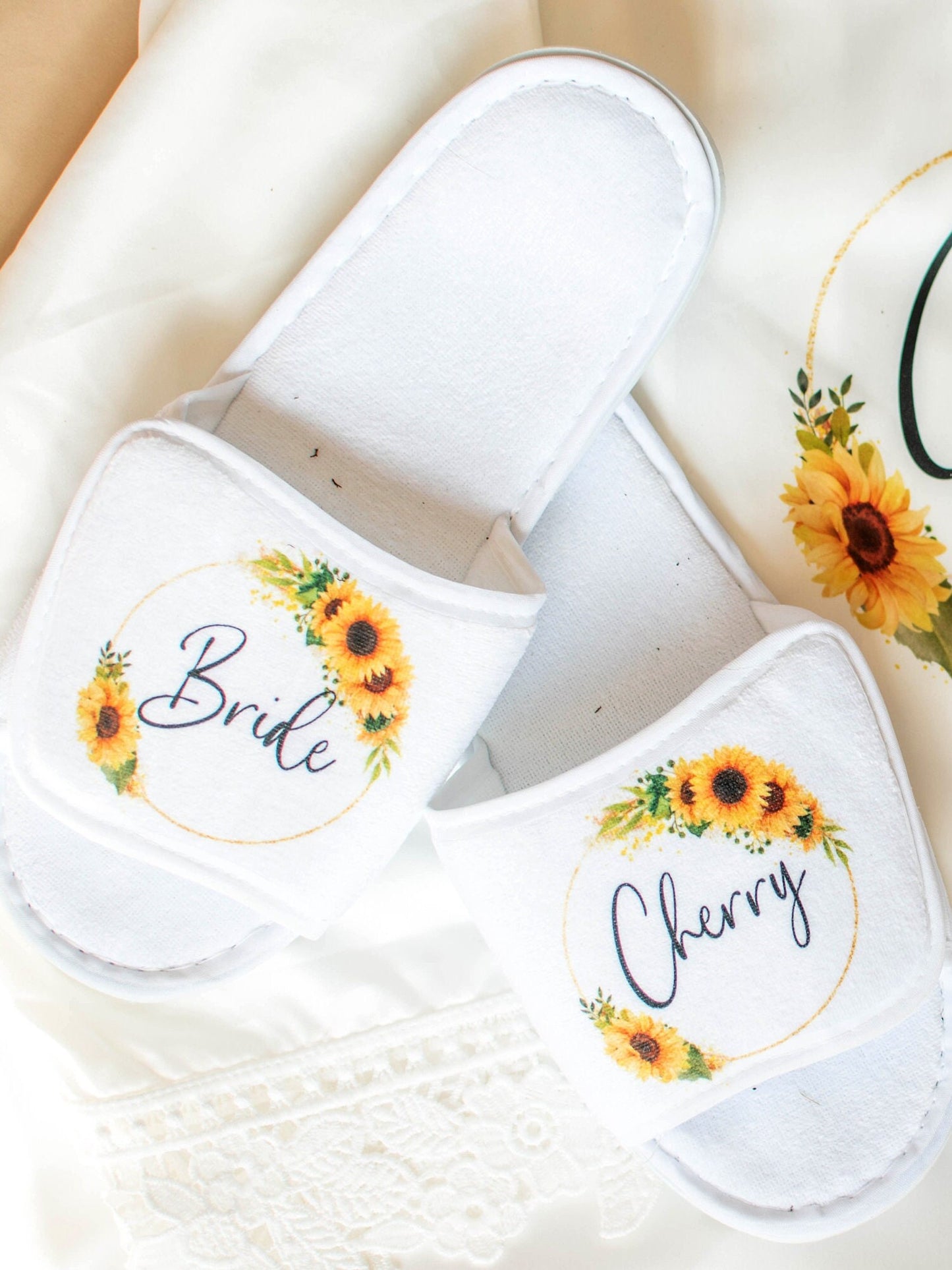 Sunflower Wedding Slippers | Personalised Bridesmaid Slippers